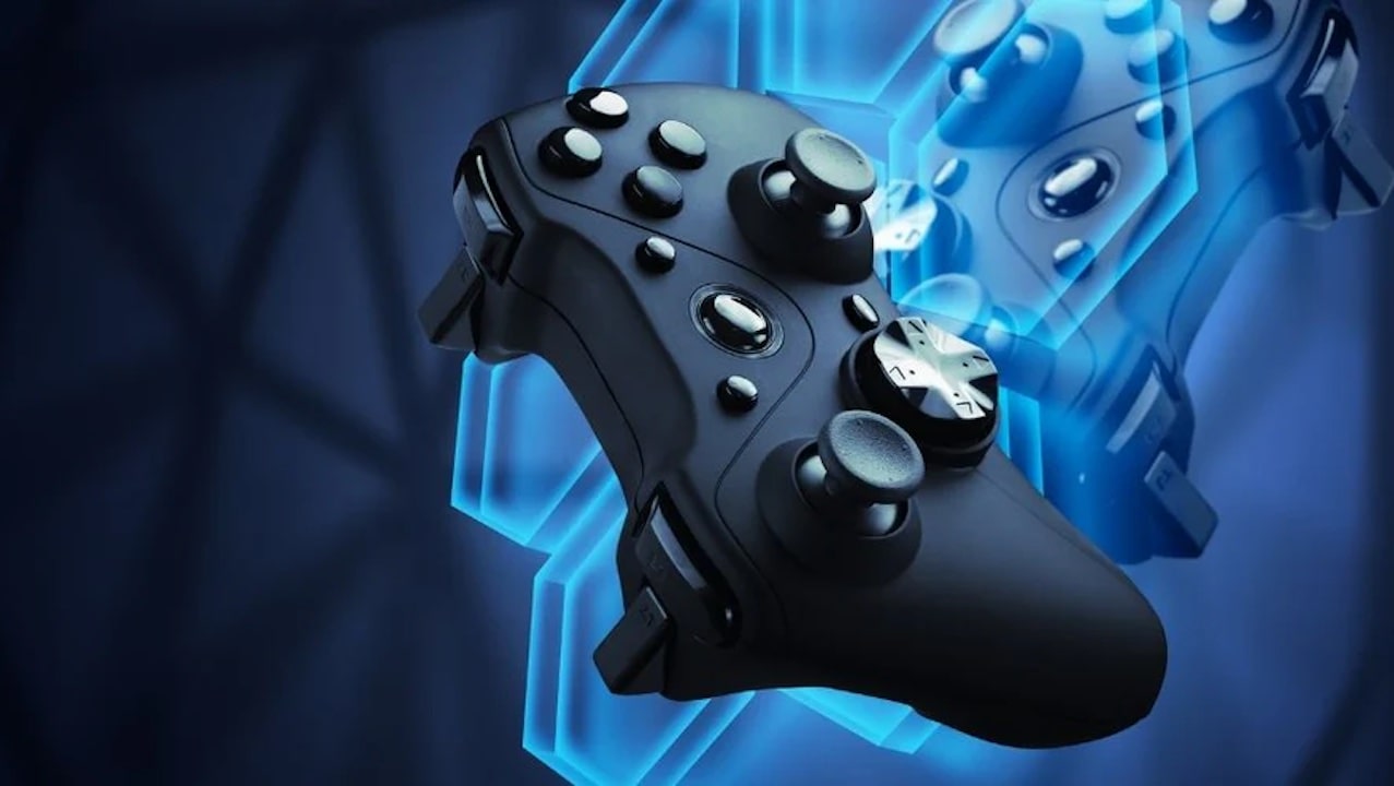a game controller with a digital background