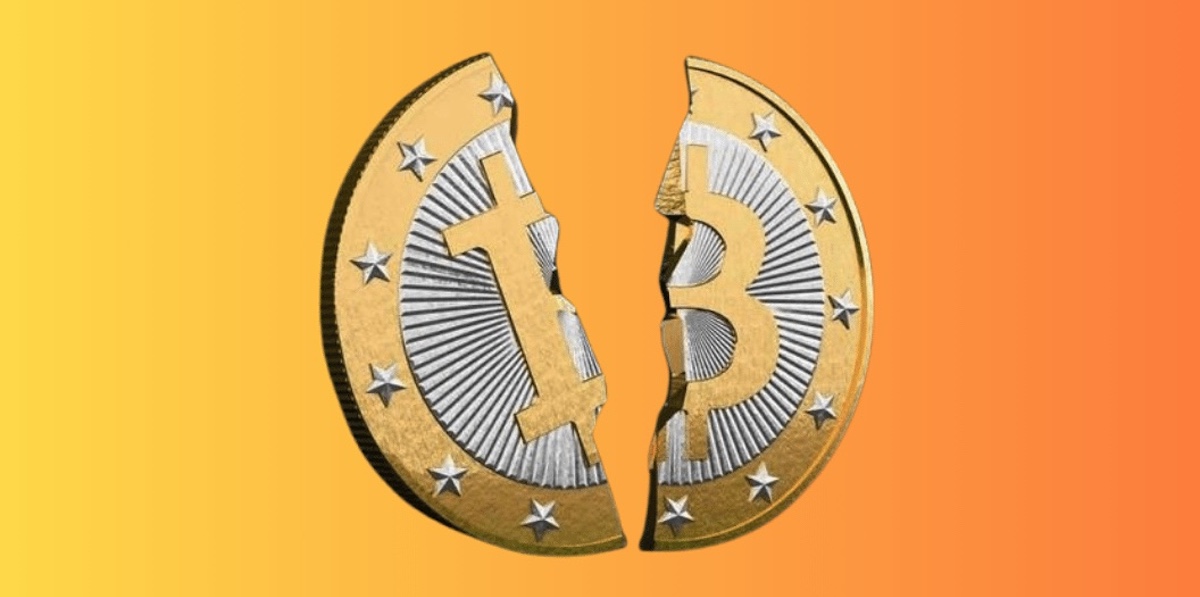Bitcoin split in two halves depicting Bitcoin halving event
